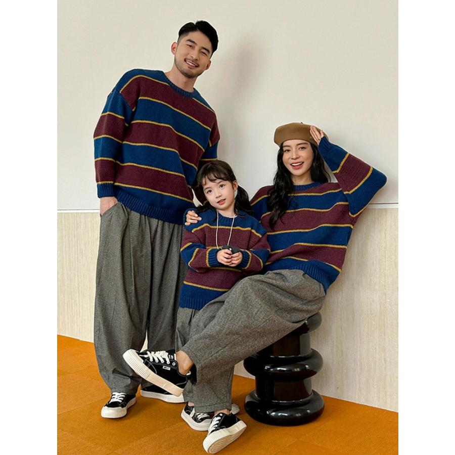 仲良し親子ベア　ダブルネックジョイント　作家様ハンドメイド 親子 ペアルック 虹色 セーター ニット ワイドパンツ 裏起毛 縞様 韓国