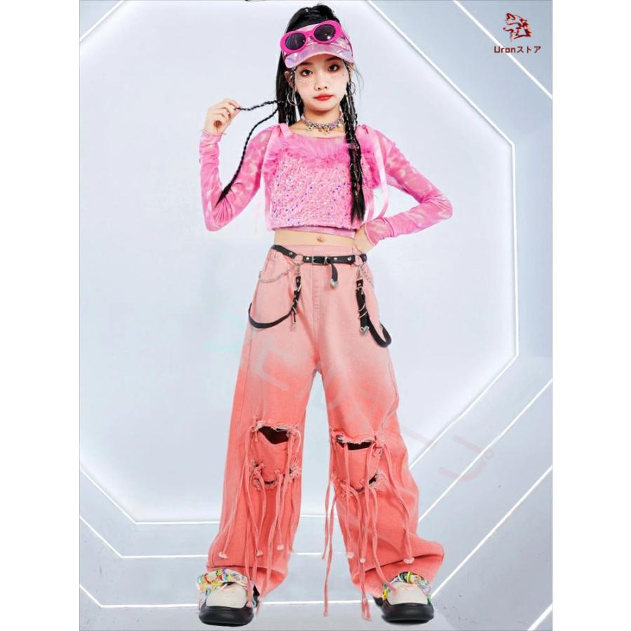 デニム ピンク ダメージ へそ出し キッズ ダンス衣装 セットアップ