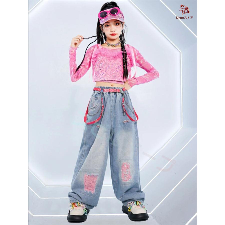 デニム ピンク ダメージ へそ出し キッズ ダンス衣装 セットアップ