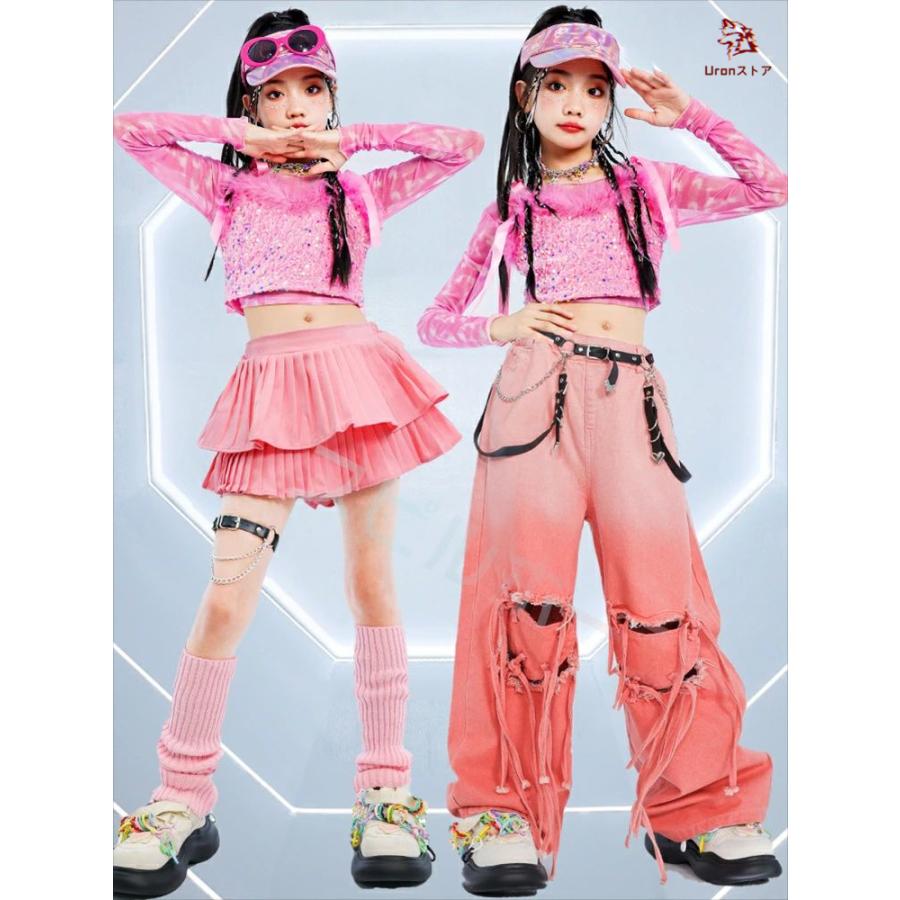 デニム ピンク ダメージ へそ出し キッズ ダンス衣装 セットアップ