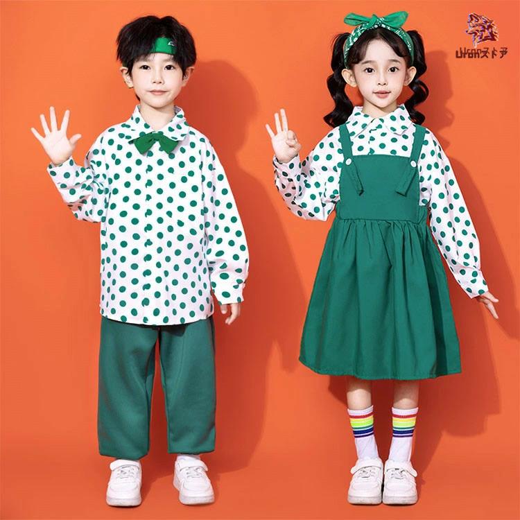 水玉柄 シャツ 総柄 緑 ウェストパンツ ジャンパースカート キッズ