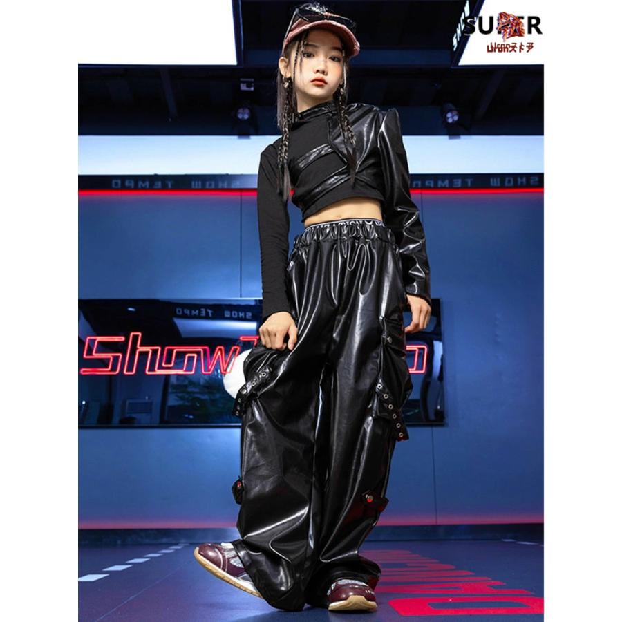 jazz 韓国k-pop 長袖 PU レザー カーゴパンツ ブラック 黒 長袖Tシャツ