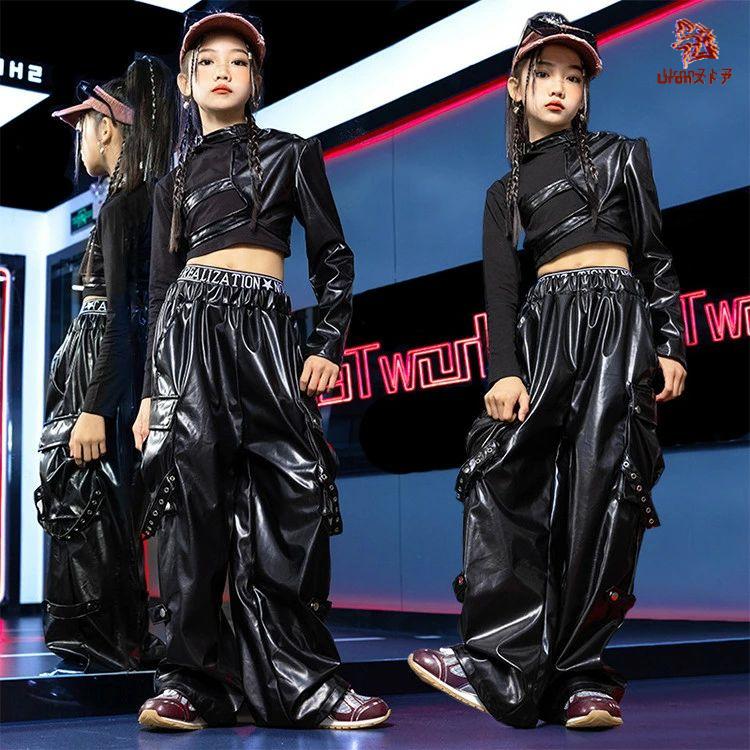 jazz 韓国k-pop 長袖 PU レザー カーゴパンツ ブラック 黒 長袖Tシャツ