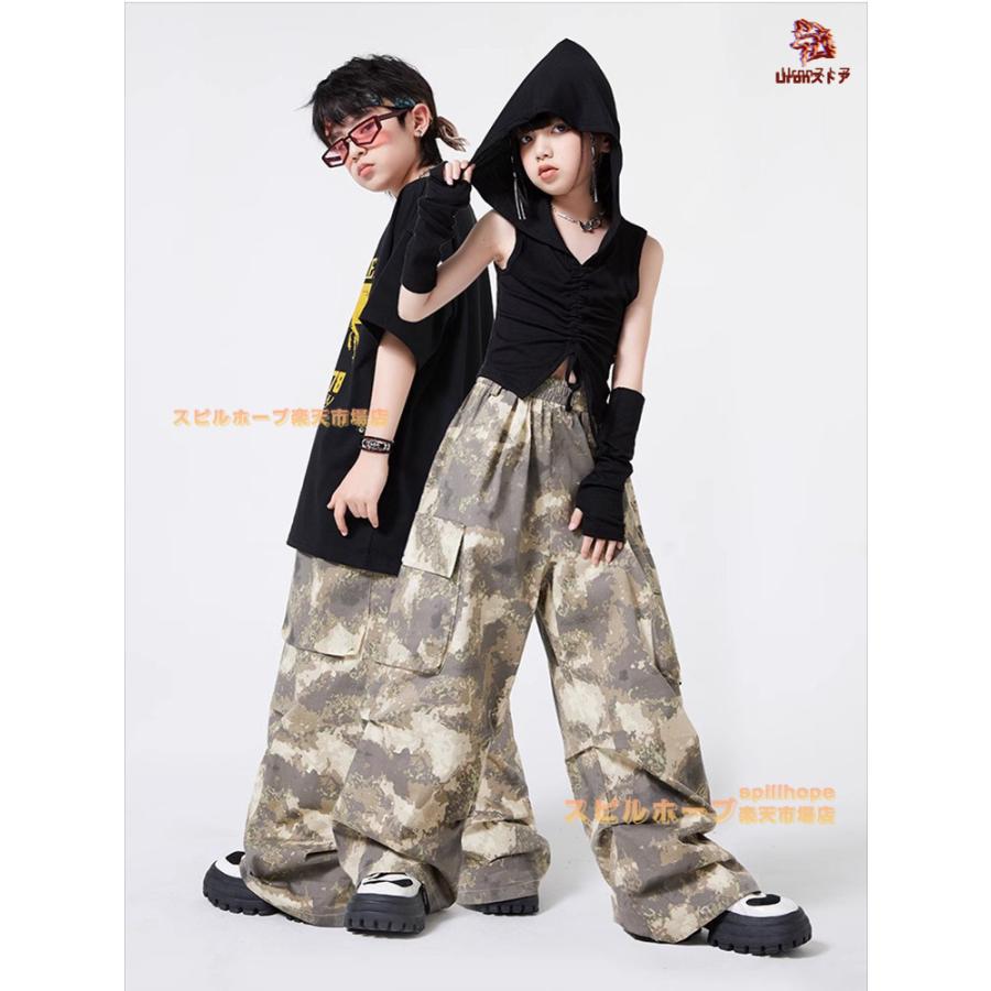 ゆったり 黒 迷彩パンツ キッズ ダンス衣装 半袖 女の子 男の子 カーゴパンツ Tシャツ へそ出し 腕カバー 上下セット セットアップ トップス ヒップホップ ジャ | ブランド登録なし | 04