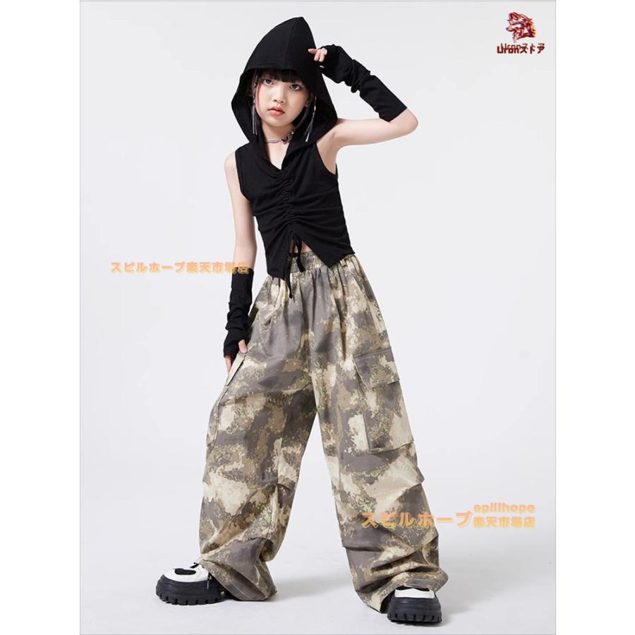 ゆったり 黒 迷彩パンツ キッズ ダンス衣装 半袖 女の子 男の子 カーゴパンツ Tシャツ へそ出し 腕カバー 上下セット セットアップ トップス ヒップホップ ジャ | ブランド登録なし | 05