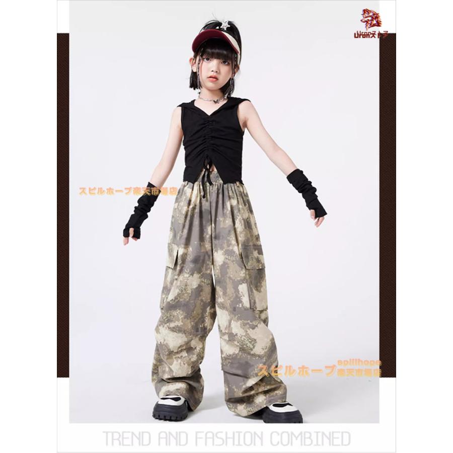 ゆったり 黒 迷彩パンツ キッズ ダンス衣装 半袖 女の子 男の子 カーゴパンツ Tシャツ へそ出し 腕カバー 上下セット セットアップ トップス ヒップホップ ジャ | ブランド登録なし | 07