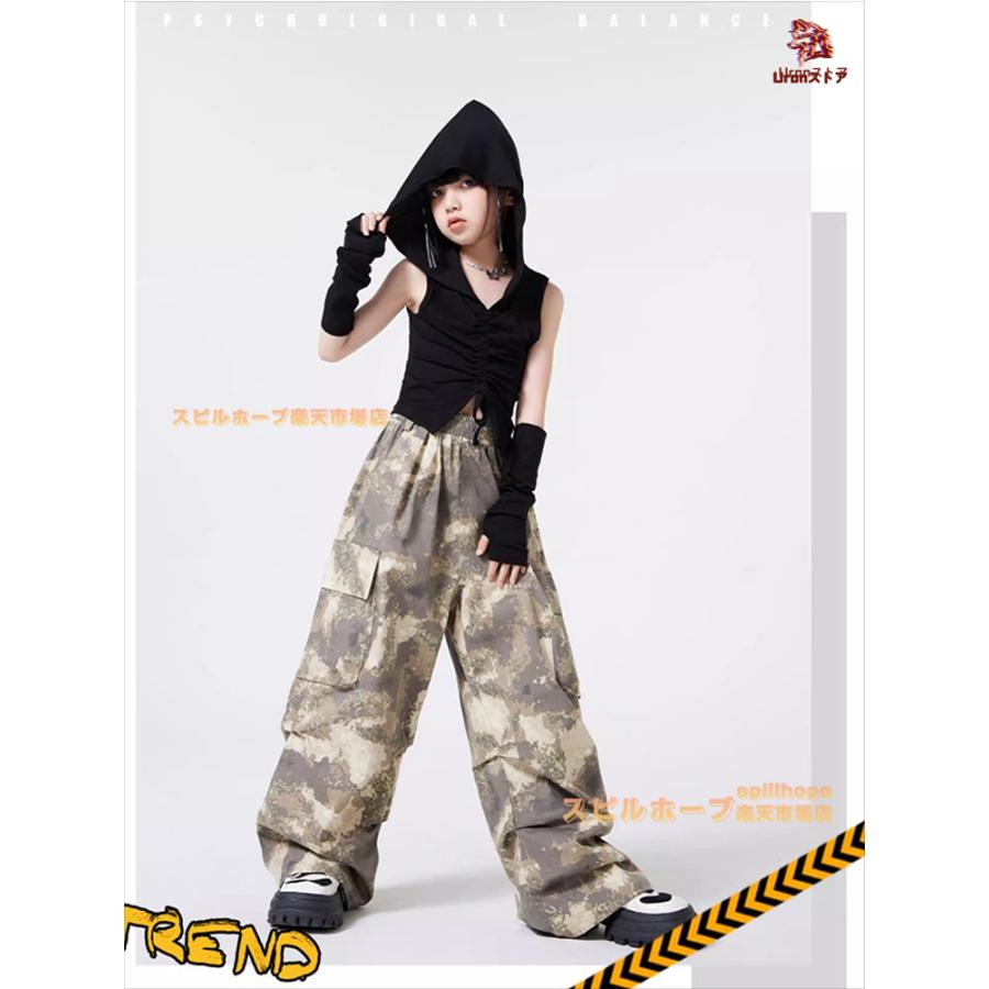 ゆったり 黒 迷彩パンツ キッズ ダンス衣装 半袖 女の子 男の子 カーゴパンツ Tシャツ へそ出し 腕カバー 上下セット セットアップ トップス ヒップホップ ジャ | ブランド登録なし | 08
