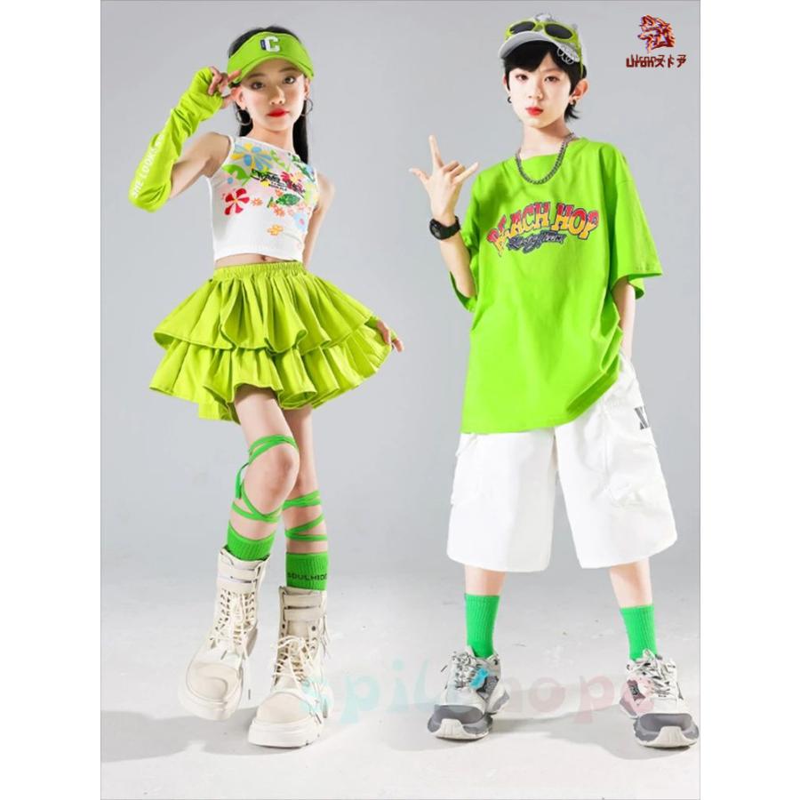 緑 キッズ レーシング 肩出し ダンス衣装 セットアップ 男の子 女の子