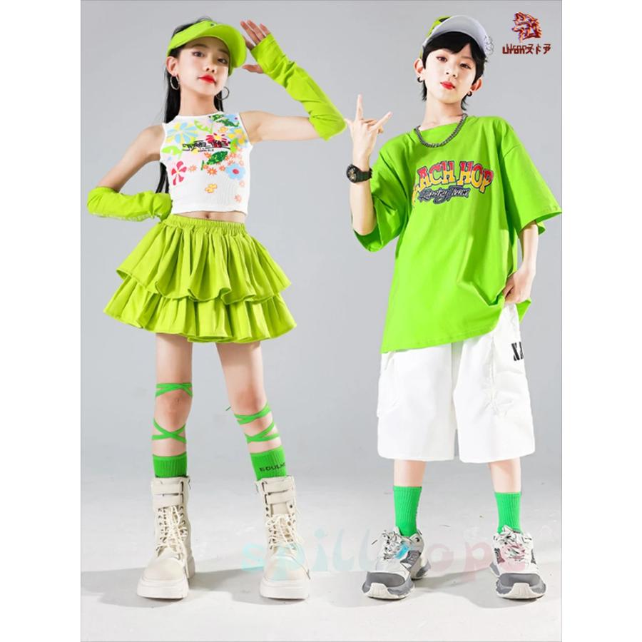 緑 キッズ レーシング 肩出し ダンス衣装 セットアップ 男の子 女の子