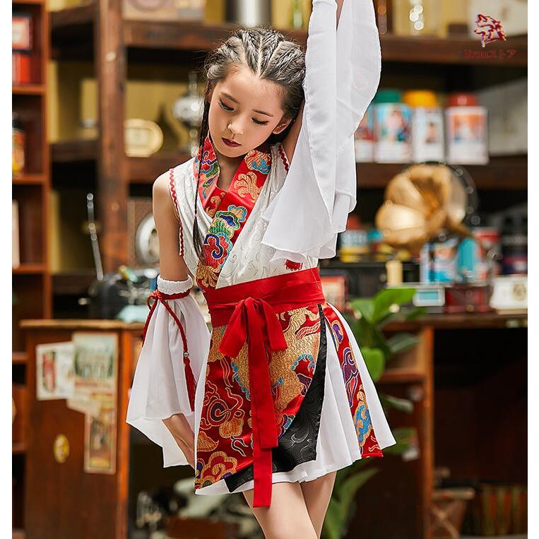 子供中華風ダンス衣装4点セット チャイナ風 和風 膝丈 チャイナドレス