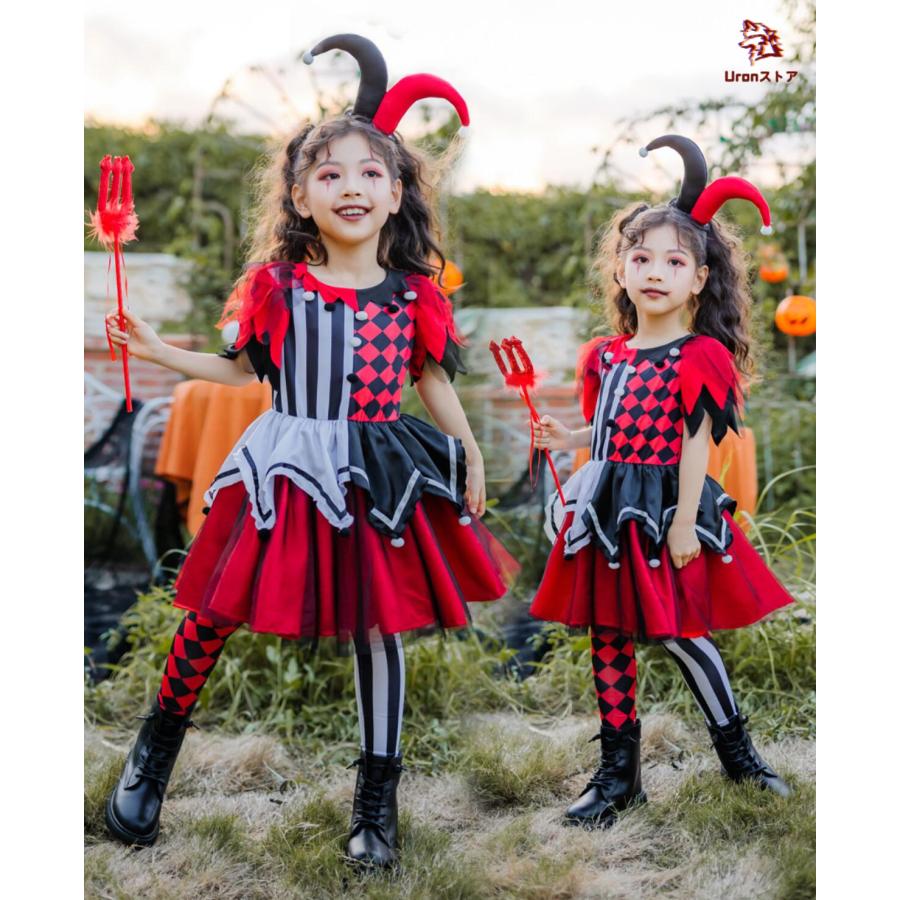 子供 ハロウィン 衣装 女の子 ピエロ コスチューム 赤＋黒 ミドル丈