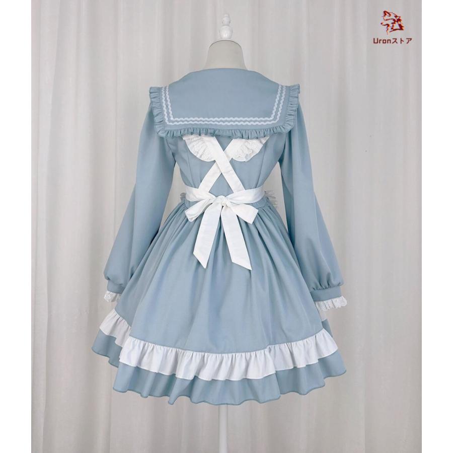 メイド服 長袖 セーラー服 マリン風 メイド ドレス ミドル丈 カワイイ