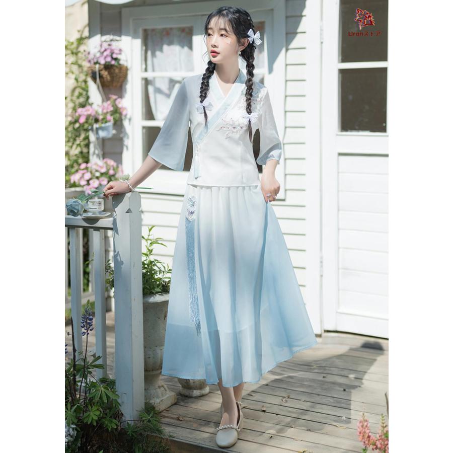 チャイナブラウス 交差襟 七分袖 改良漢服 綿麻 ナチュラル服 可愛い