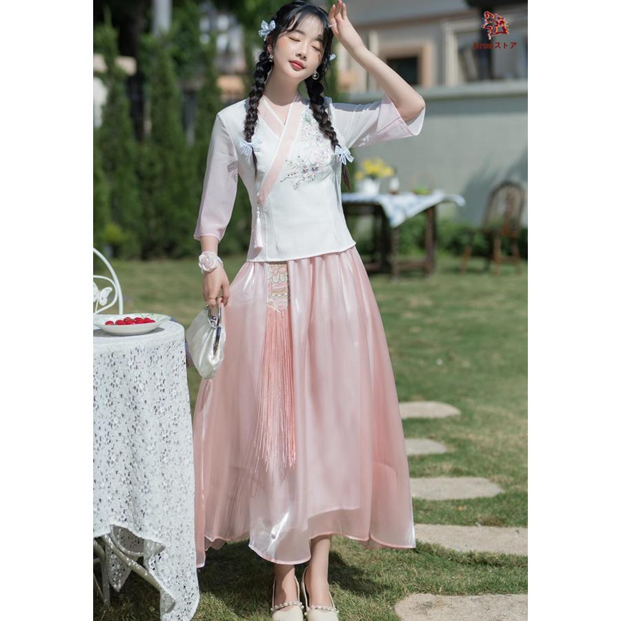 チャイナブラウス 交差襟 七分袖 改良漢服 綿麻 ナチュラル服 可愛い