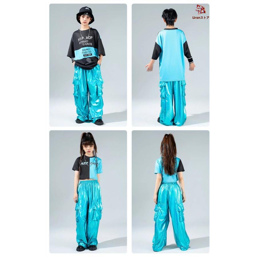 ブルー キッズダンス ダンス衣装 ヒップホップ 女の子 黒 青 半袖 へそ