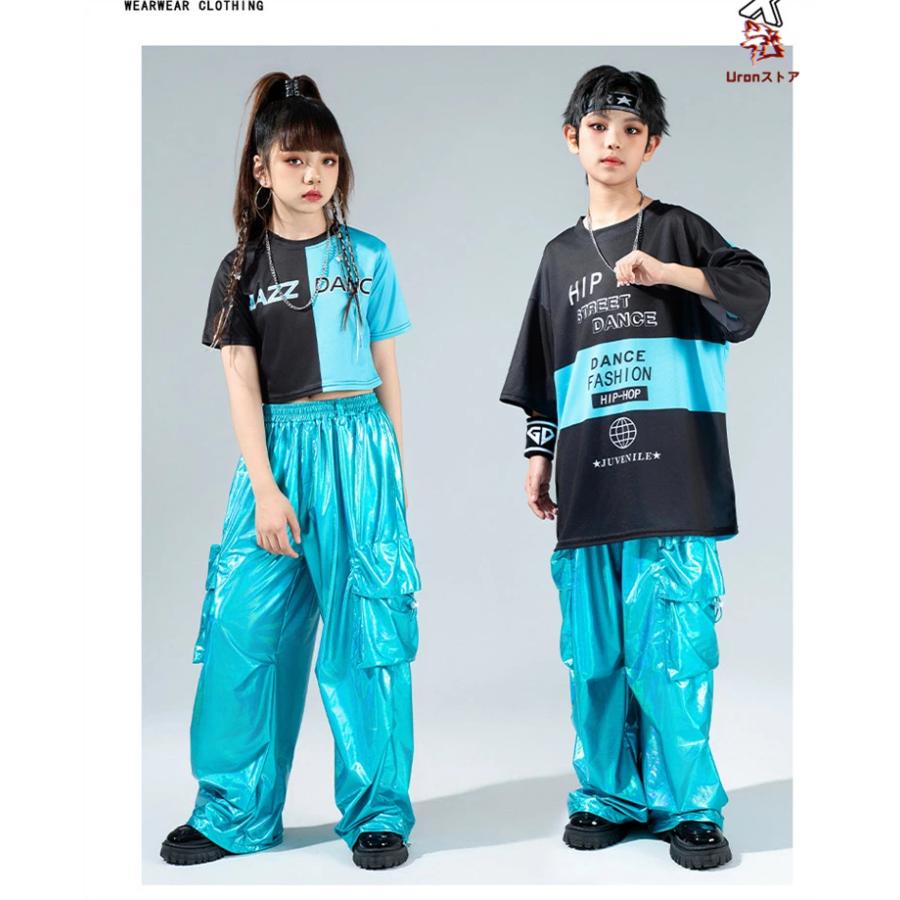 ブルー キッズダンス ダンス衣装 ヒップホップ 女の子 黒 青 半袖 へそ