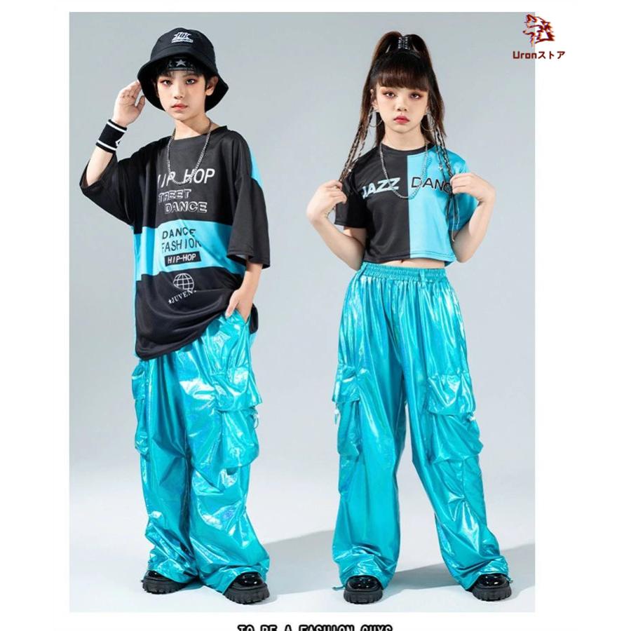 ブルー キッズダンス ダンス衣装 ヒップホップ 女の子 黒 青 半袖 へそ