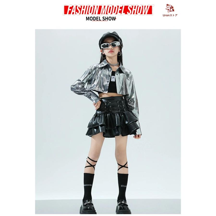 ガールズ ジャズ ダンス衣装 セットアップ シルバー ジャケット 光沢