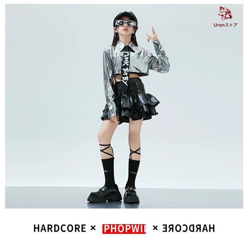 ガールズ ジャズ ダンス衣装 セットアップ シルバー ジャケット 光沢