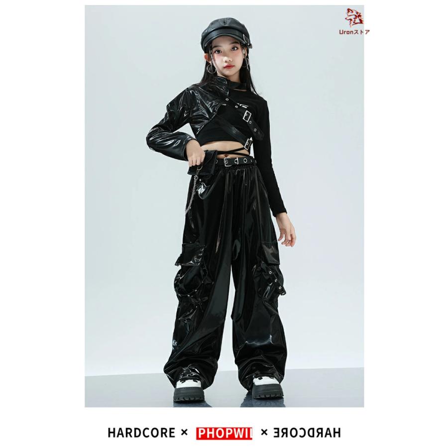 レザー 片袖 女の子 ダンス衣装 キッズ ヒップホップ 黒 レザーパンツ