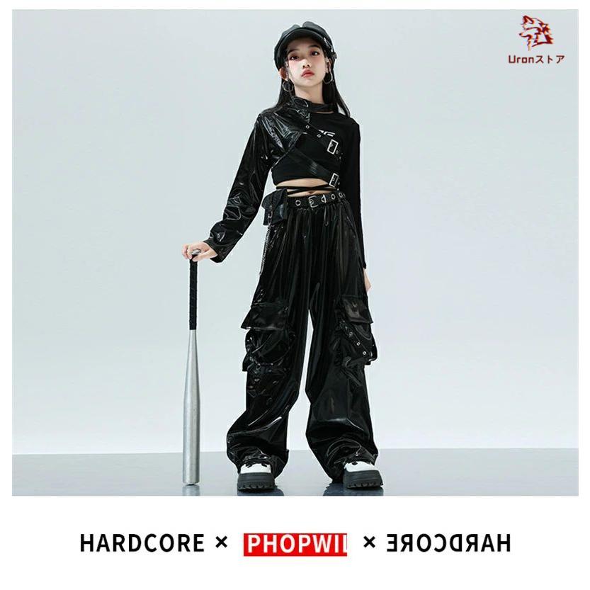 黒服のダンス レザー 片袖 女の子 ダンス衣装 キッズ ヒップホップ 黒 レザーパンツ