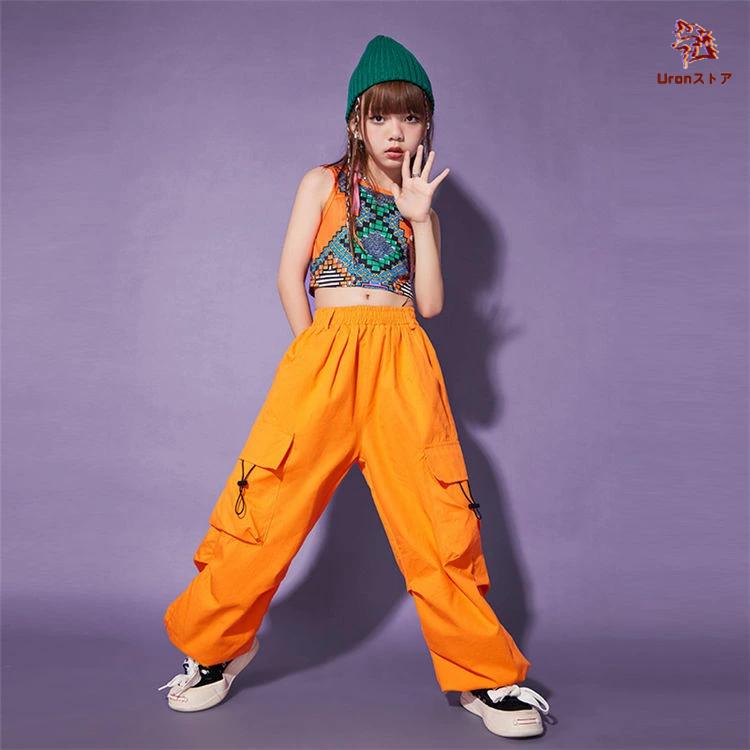 ガールズ ジャズ ダンス衣装 へそ出し タンクトップ オレンジ カーゴ