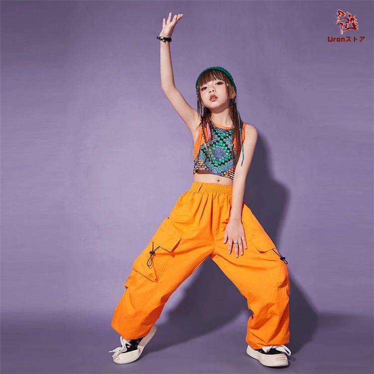 ガールズ ジャズ ダンス衣装 へそ出し タンクトップ オレンジ カーゴ