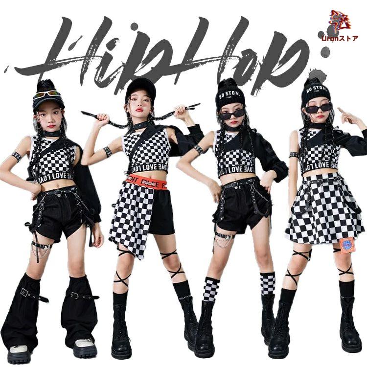 チェック柄 ダンス キッズ 女の子 黒白 Y2K へそ出し ダンス衣装 