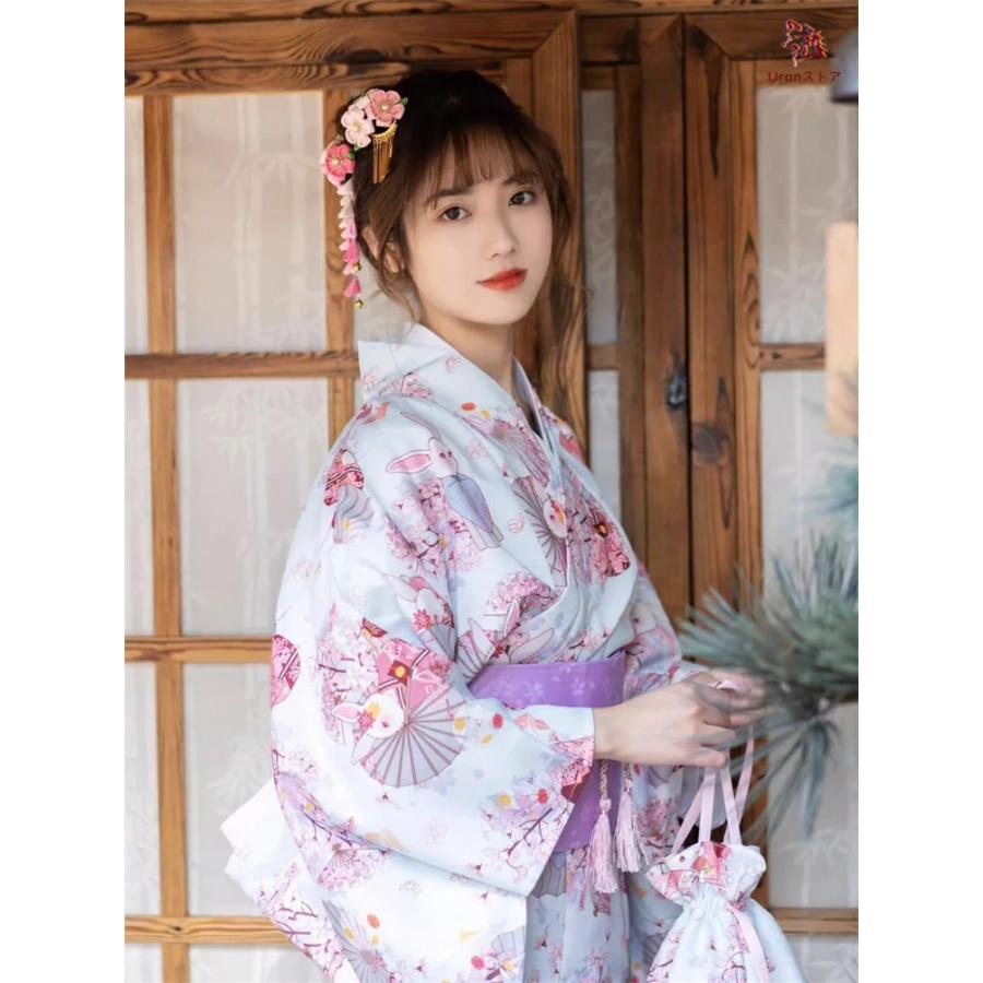 水色 ウサギ 浴衣 単品OR3点セット 着物 ブルー ピンク 桜 花柄 傘柄