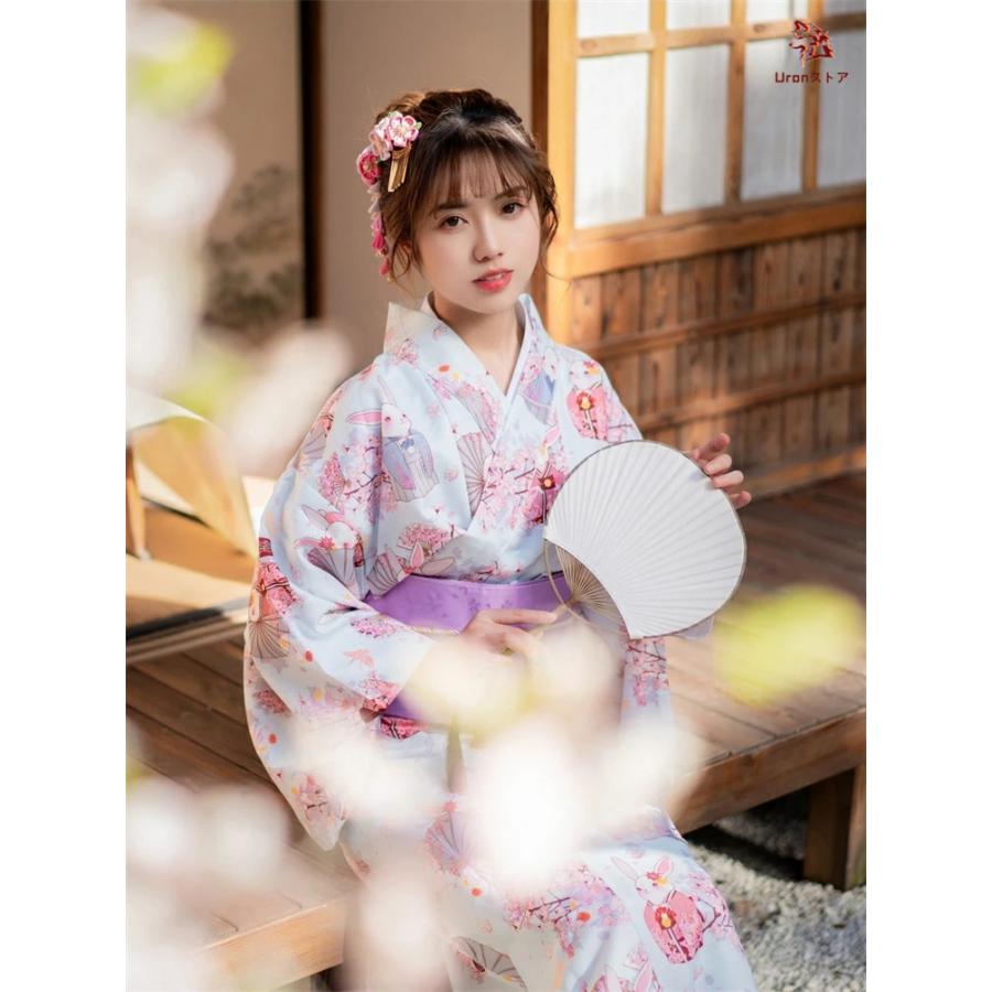 水色 ウサギ 浴衣 単品OR3点セット 着物 ブルー ピンク 桜 花柄 傘柄