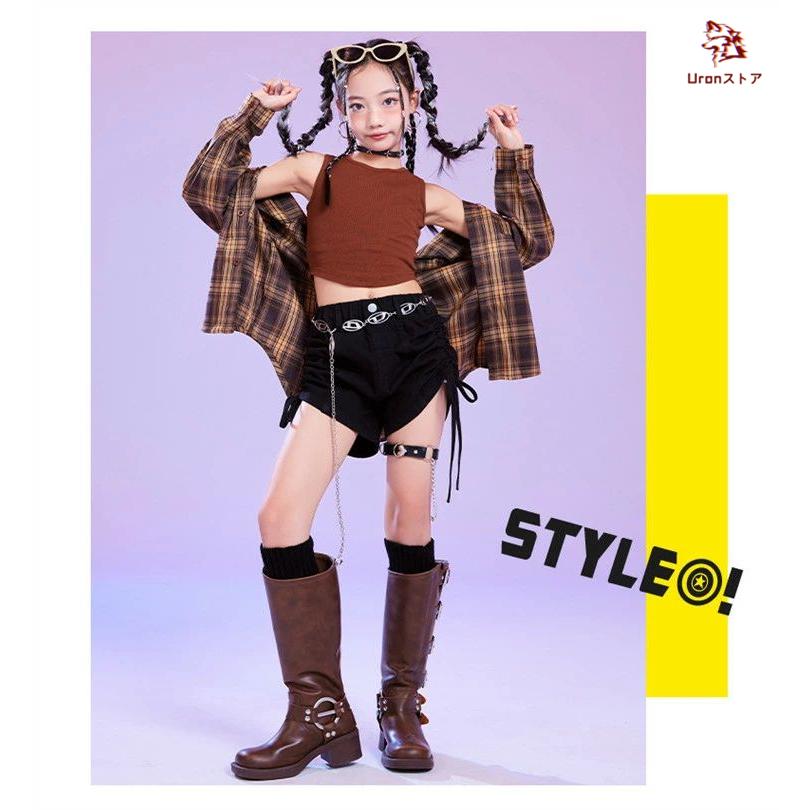 ブラウン キッズダンス ダンス衣装 ヒップホップ 女の子 タータン