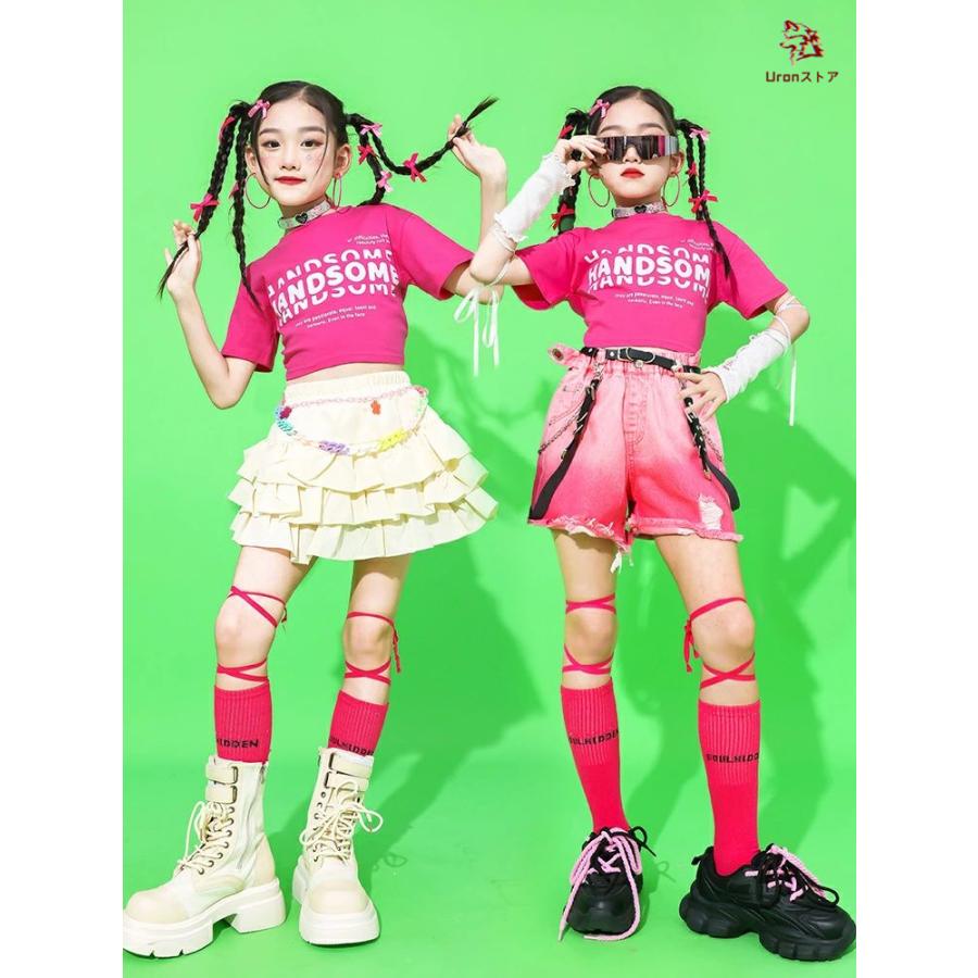 ピンク系 女の子 ダンス衣装 キッズダンス フリルミニスカート デニム