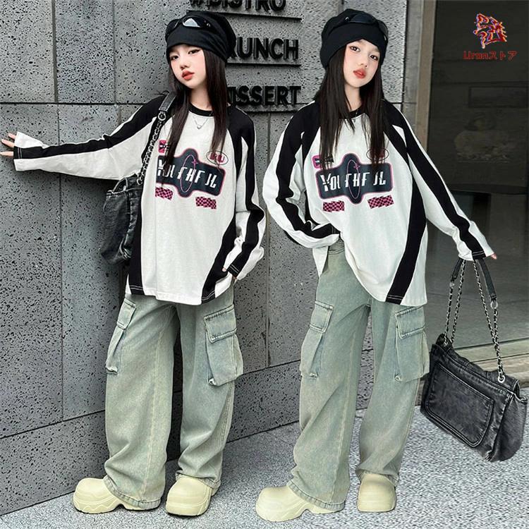 韓国子供服 tシャツ 長袖 女の子 ゲームシャツ 可愛い 白黒 ダンス衣装