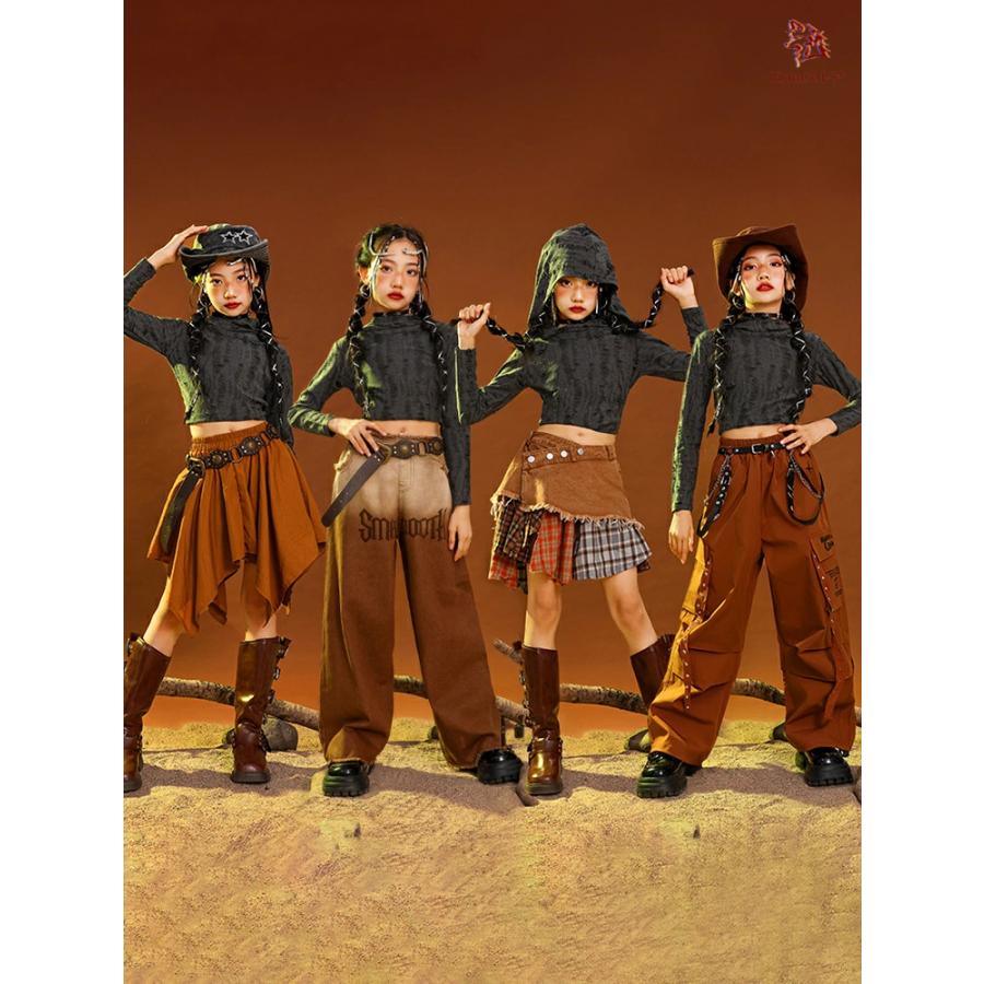 ブラウン系 キッズ ダンス 長袖 ダンス衣装 女の子 ガールズ デニム