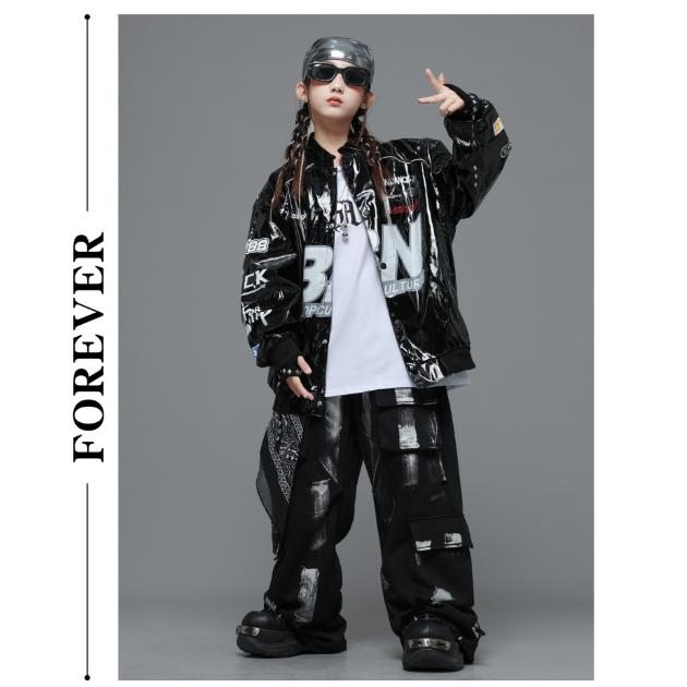 キッズ ダンス衣装 セットアップ ヒップホップ レザー ジャケット 黒