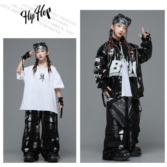 キッズ ダンス衣装 セットアップ ヒップホップ レザー ジャケット 黒