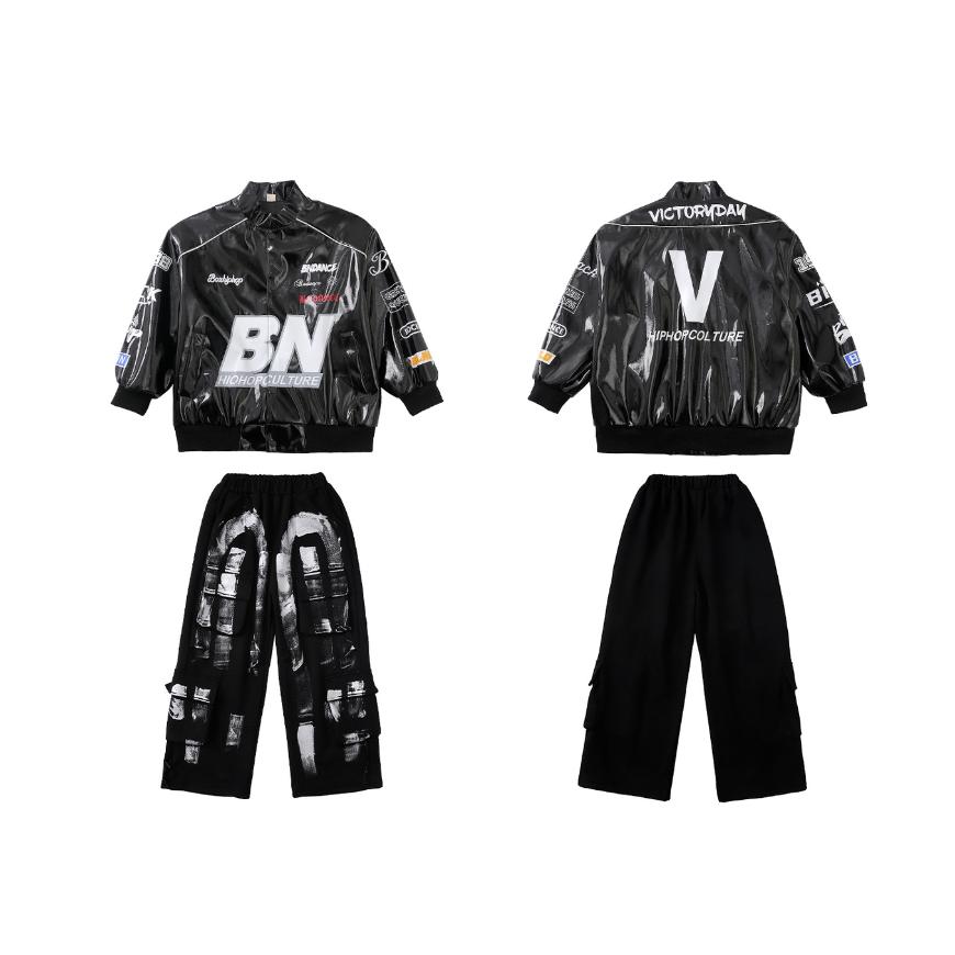 キッズ ダンス衣装 セットアップ ヒップホップ レザー ジャケット 黒