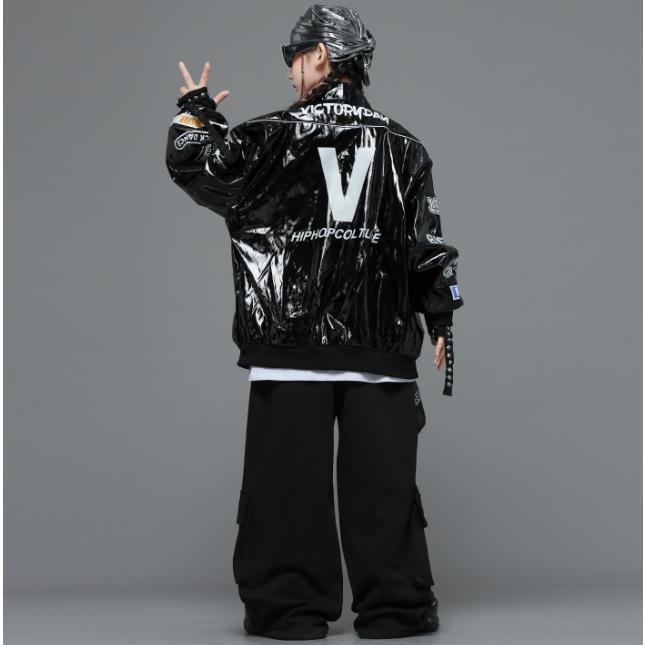 キッズ ダンス衣装 セットアップ ヒップホップ レザー ジャケット 黒