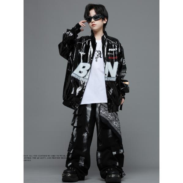 キッズ ダンス衣装 セットアップ ヒップホップ レザー ジャケット 黒