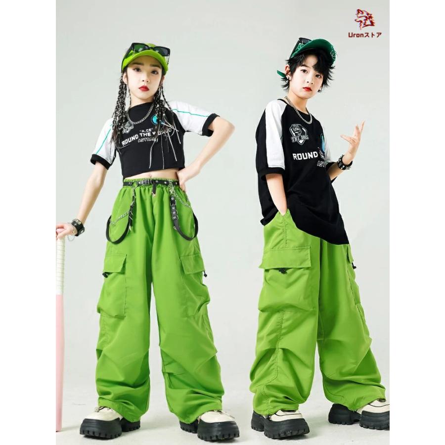 子供服 キッズ ダンス グリーンパンツ ラグランスリーブ カーゴパンツ