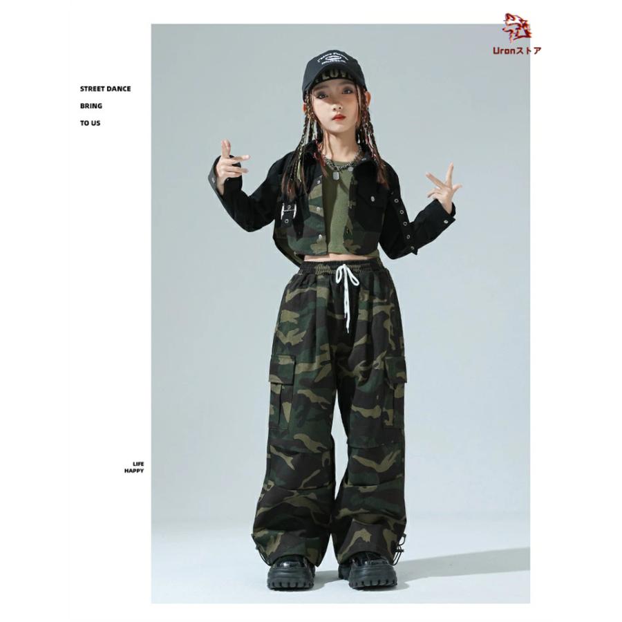 キッズ ダンス 衣装ヒップホップ 迷彩柄 カーキグリーン モノクロ