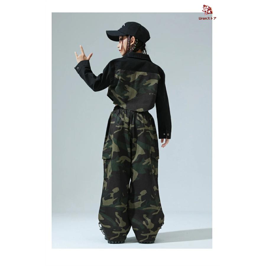 キッズ ダンス 衣装ヒップホップ 迷彩柄 カーキグリーン モノクロ
