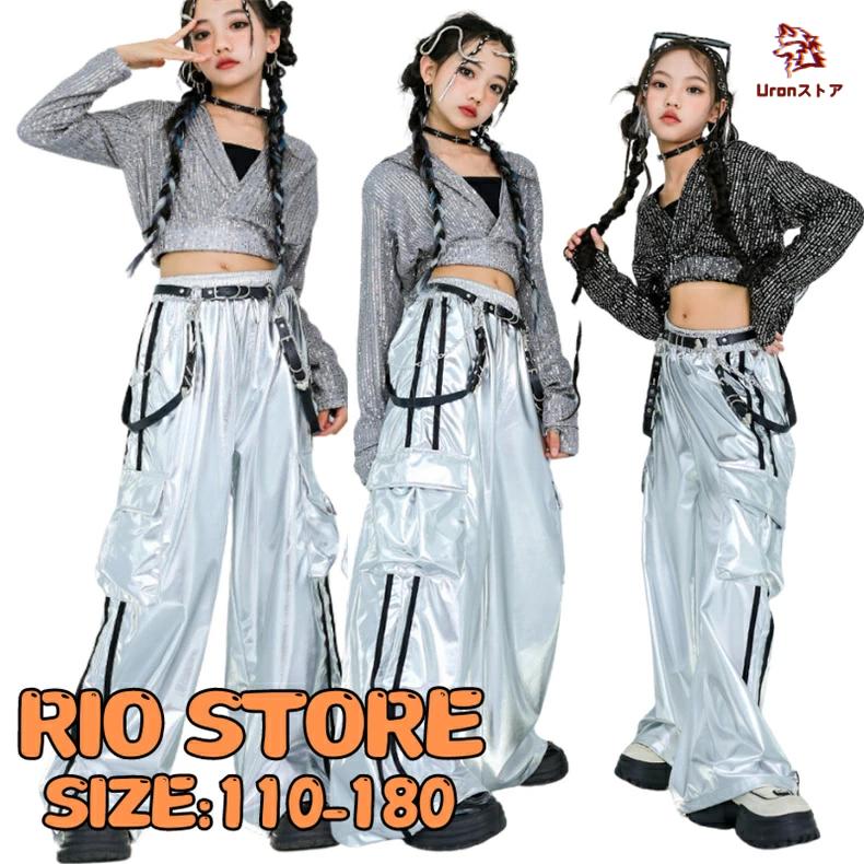 子供ダンス シルバー 黒 キッズダンス衣装 女の子 スパンコール ヘソ