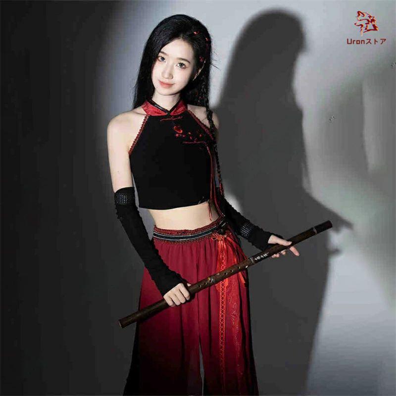 ベリーダンス セットアップ 赤黒花柄 HANANデザイン 赤 黒 中華風 ダンス衣装 大人 セットアップ レディース k-pop