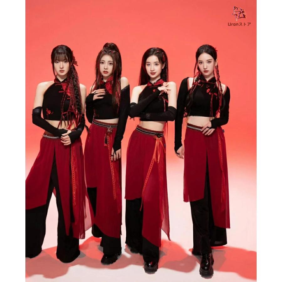 【ベリーダンス用衣装】ブラック レッスン着 上下セット 黒 赤 トップス パンツ 赤 黒 中華風 ダンス衣装 大人 セットアップ レディース k-pop