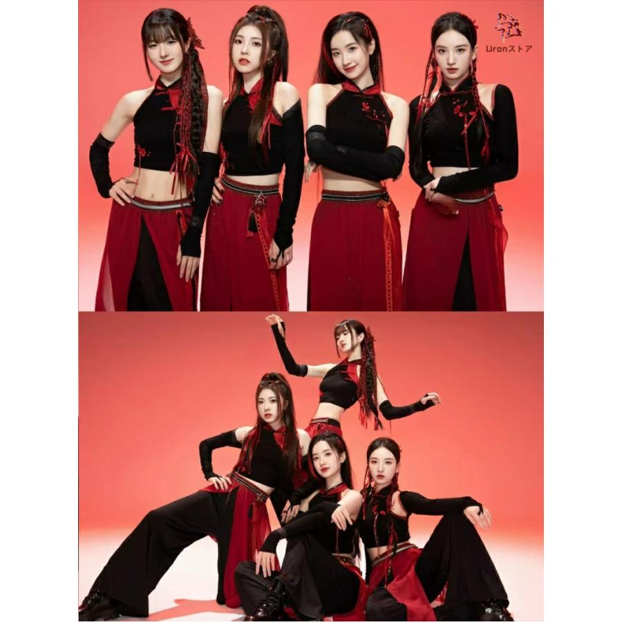 赤 黒 中華風 ダンス衣装 大人 セットアップ レディース k-pop へそ