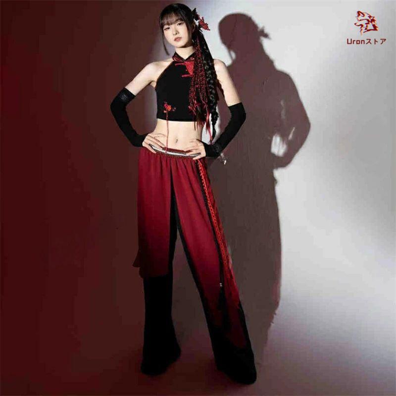 赤 黒 中華風 ダンス衣装 大人 セットアップ レディース k-pop へそ