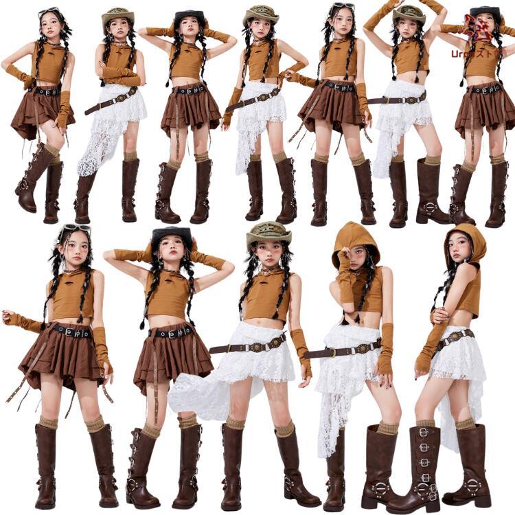 キッズダンス スカート ホワイト ブラウン茶色 白 レース ヒップホップ