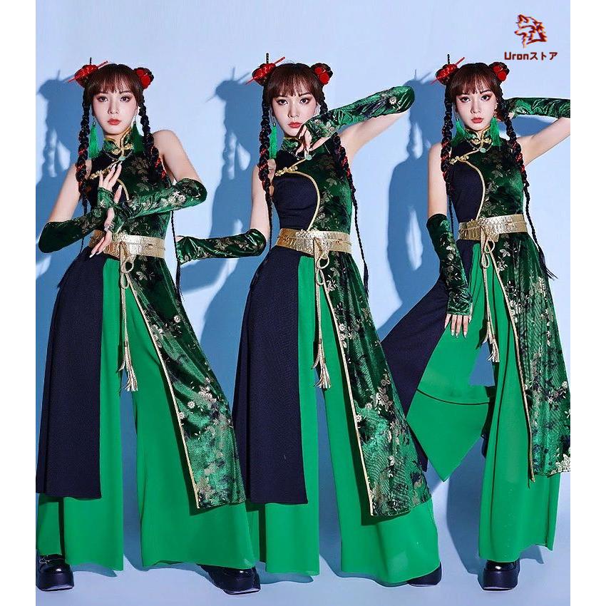 中国風 緑 花柄 ダンス衣装 かっこいい セットアップ 大人 レディース