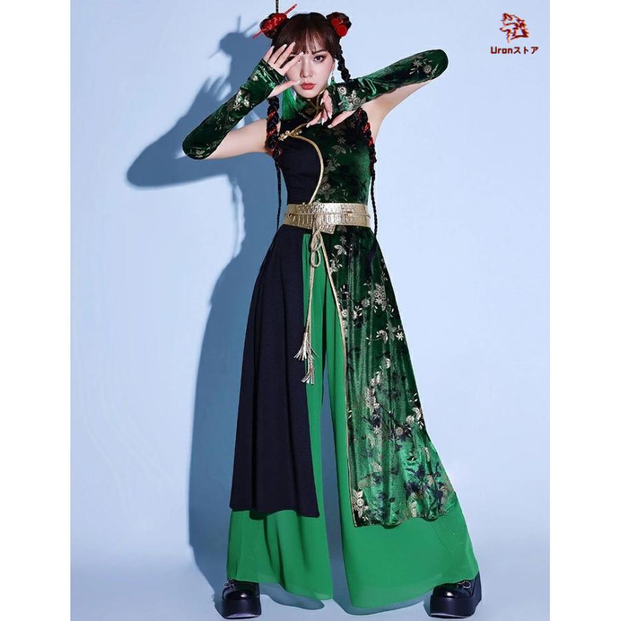 中国風 緑 花柄 ダンス衣装 かっこいい セットアップ 大人 レディース